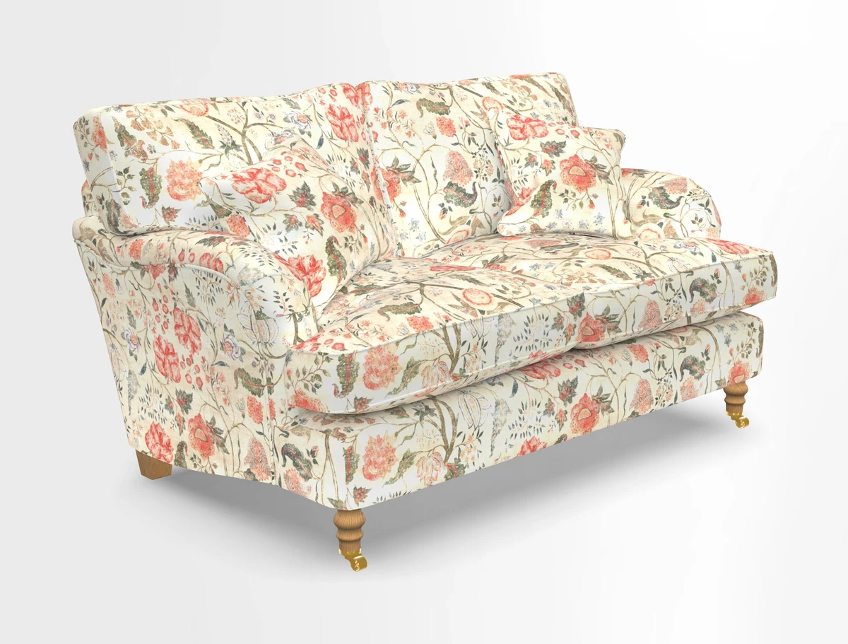 Alwinton 3 seater sofa in Ettas Stripe Moss with bolster cushion in Almost Plain Velvet Harvest