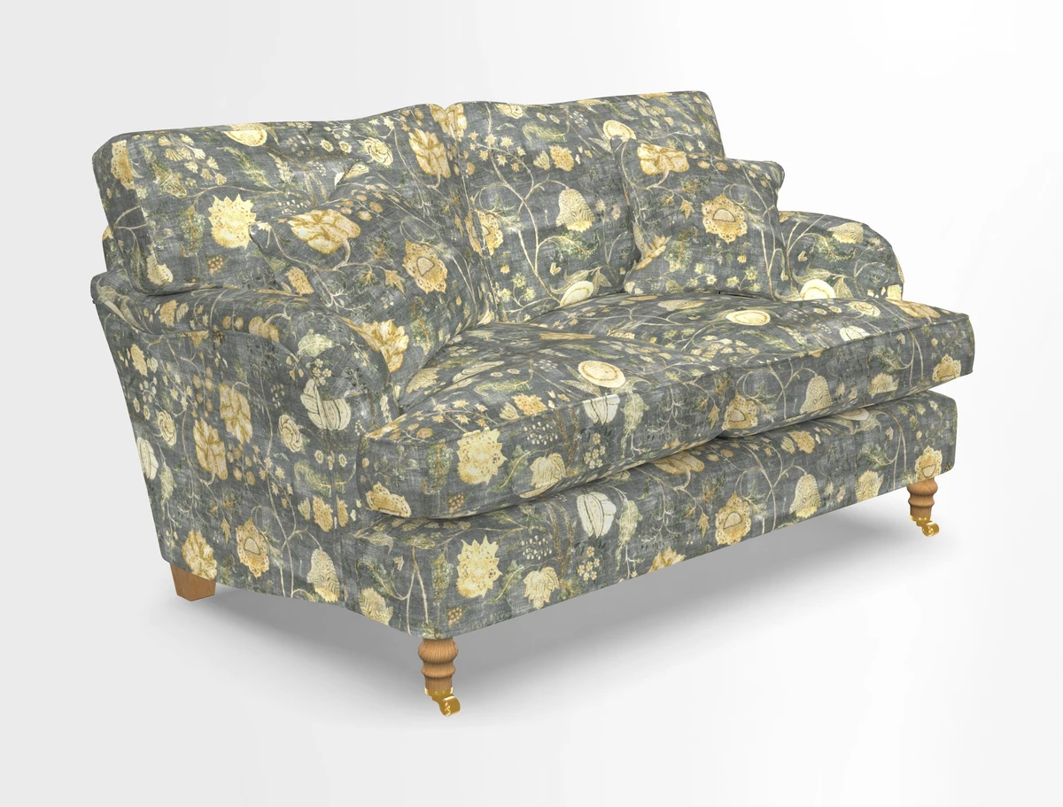 Alwinton 3 seater sofa in Ettas Stripe Moss with bolster cushion in Almost Plain Velvet Harvest