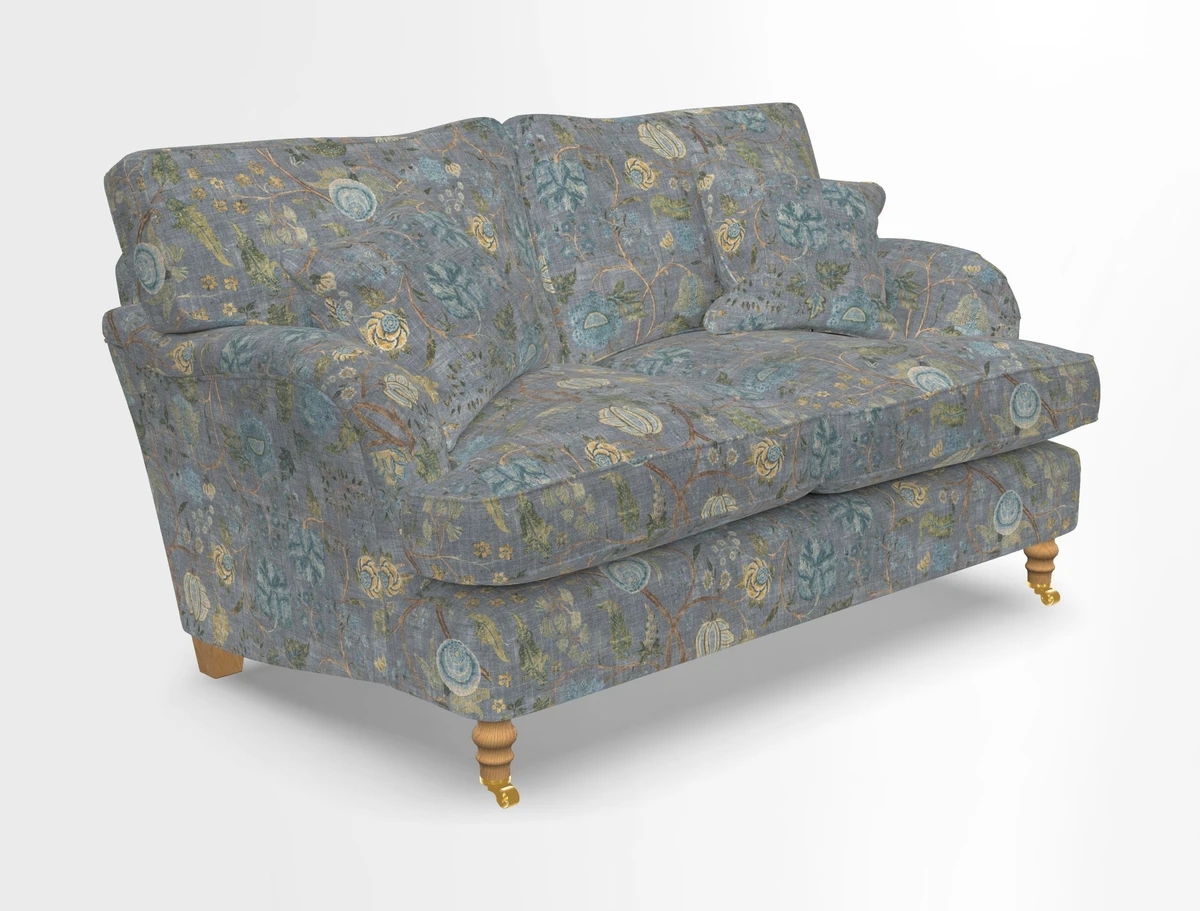 Alwinton 3 seater sofa in Ettas Stripe Moss with bolster cushion in Almost Plain Velvet Harvest