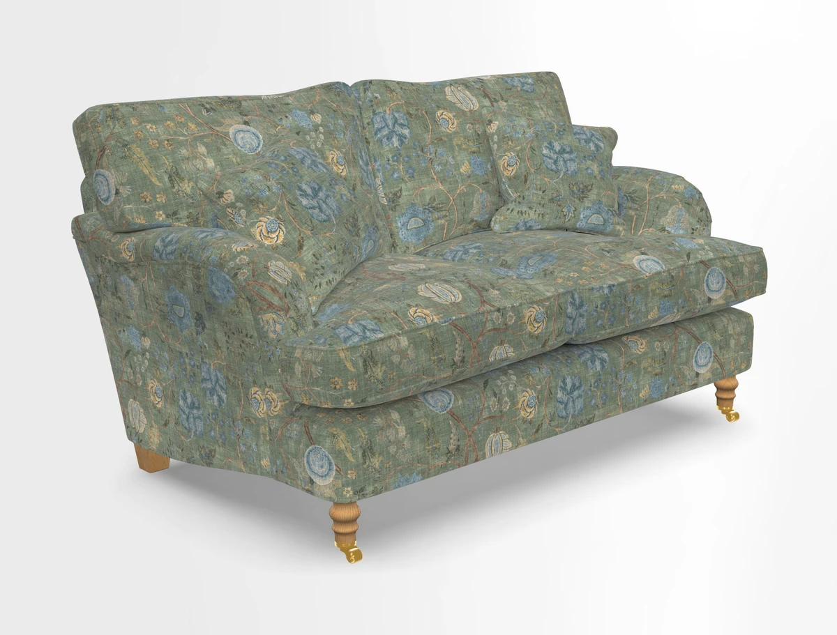Alwinton 3 seater sofa in Ettas Stripe Moss with bolster cushion in Almost Plain Velvet Harvest