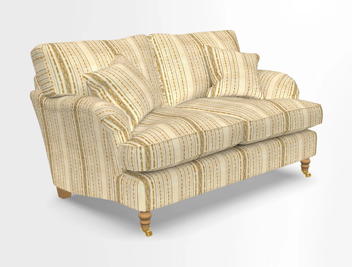 Alwinton 3 seater sofa in Ettas Stripe Moss with bolster cushion in Almost Plain Velvet Harvest
