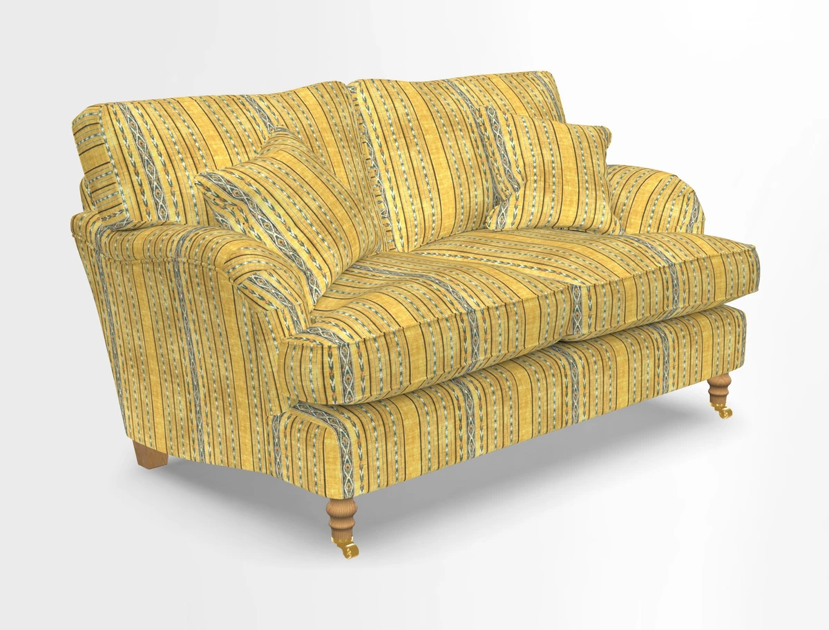 Alwinton 3 seater sofa in Ettas Stripe Moss with bolster cushion in Almost Plain Velvet Harvest