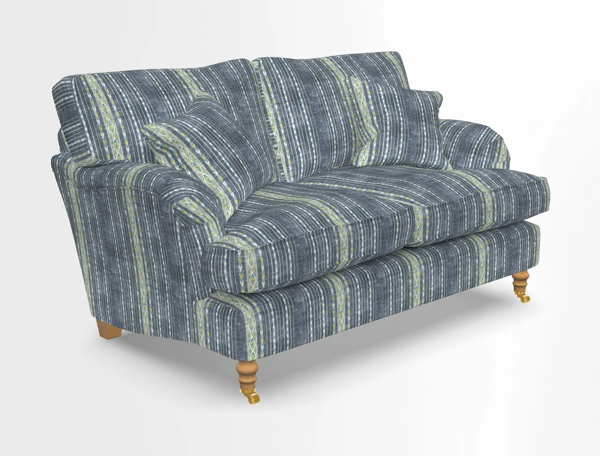 Alwinton 3 seater sofa in Ettas Stripe Moss with bolster cushion in Almost Plain Velvet Harvest