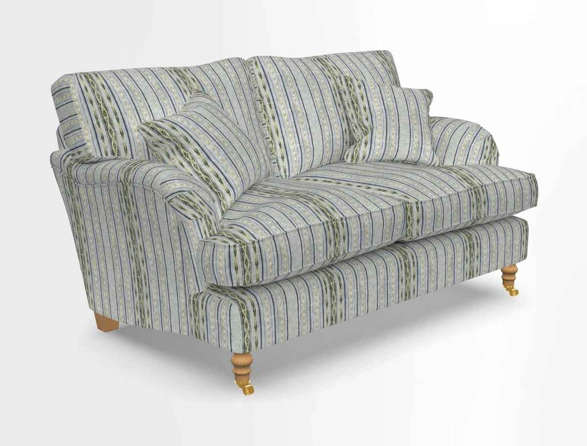 Alwinton 3 seater sofa in Ettas Stripe Moss with bolster cushion in Almost Plain Velvet Harvest