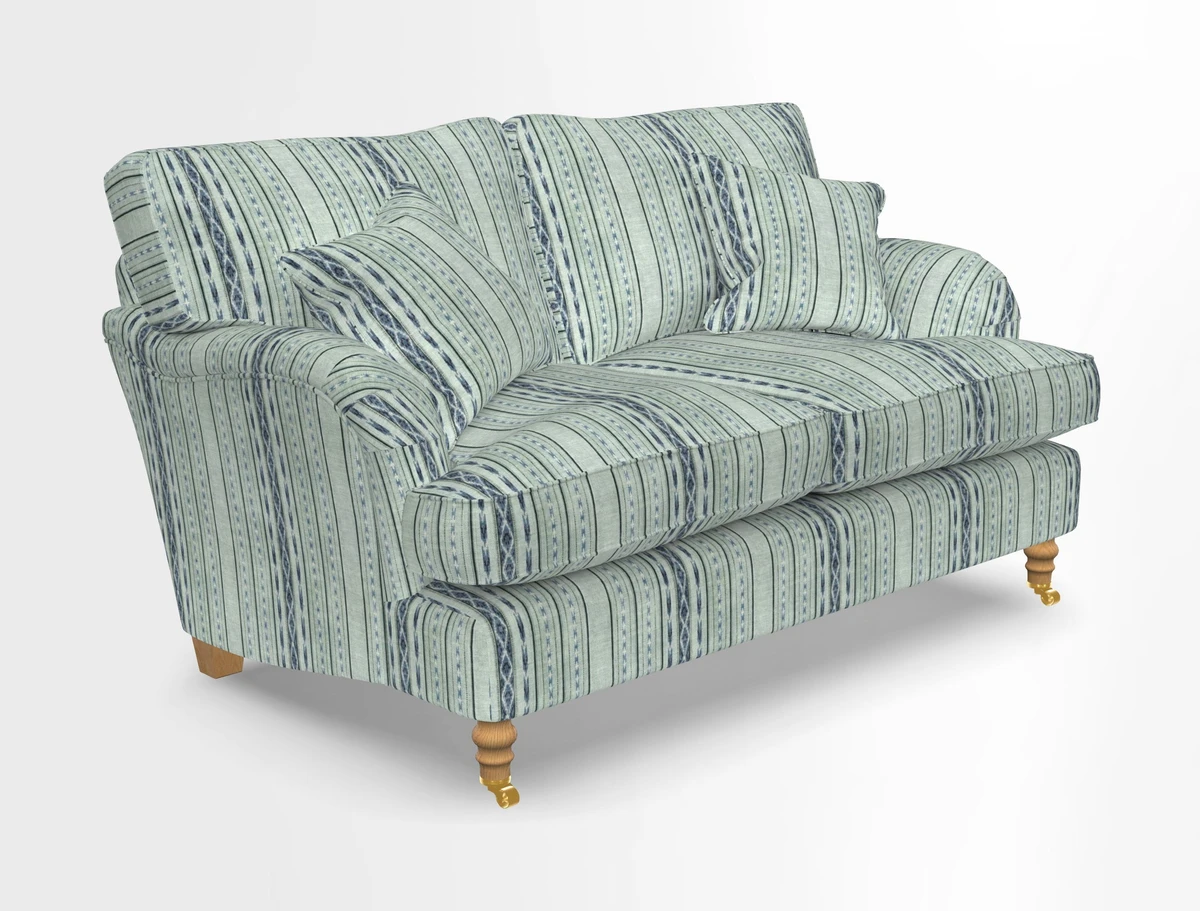 Alwinton 3 seater sofa in Ettas Stripe Moss with bolster cushion in Almost Plain Velvet Harvest