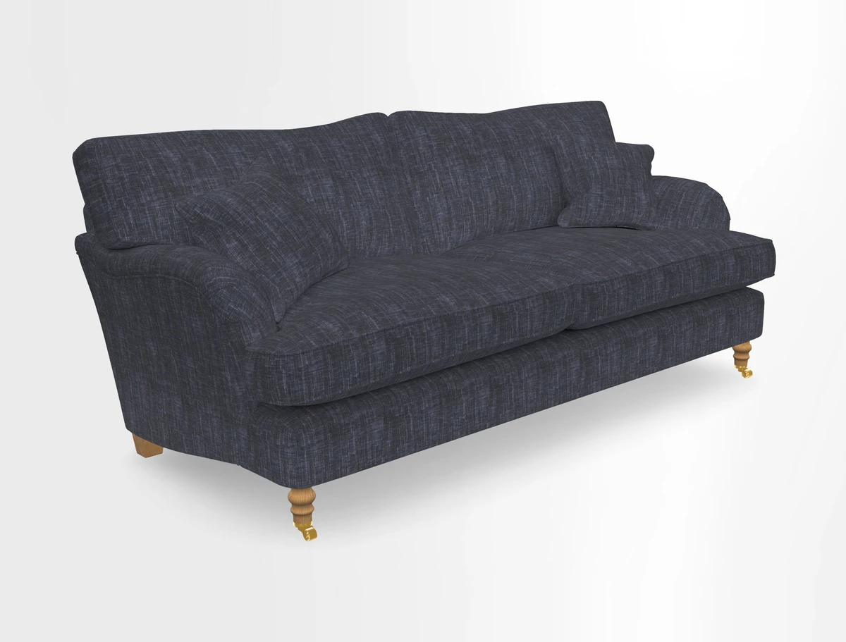 Alwinton 3 seater sofa in Ettas Stripe Moss with bolster cushion in Almost Plain Velvet Harvest