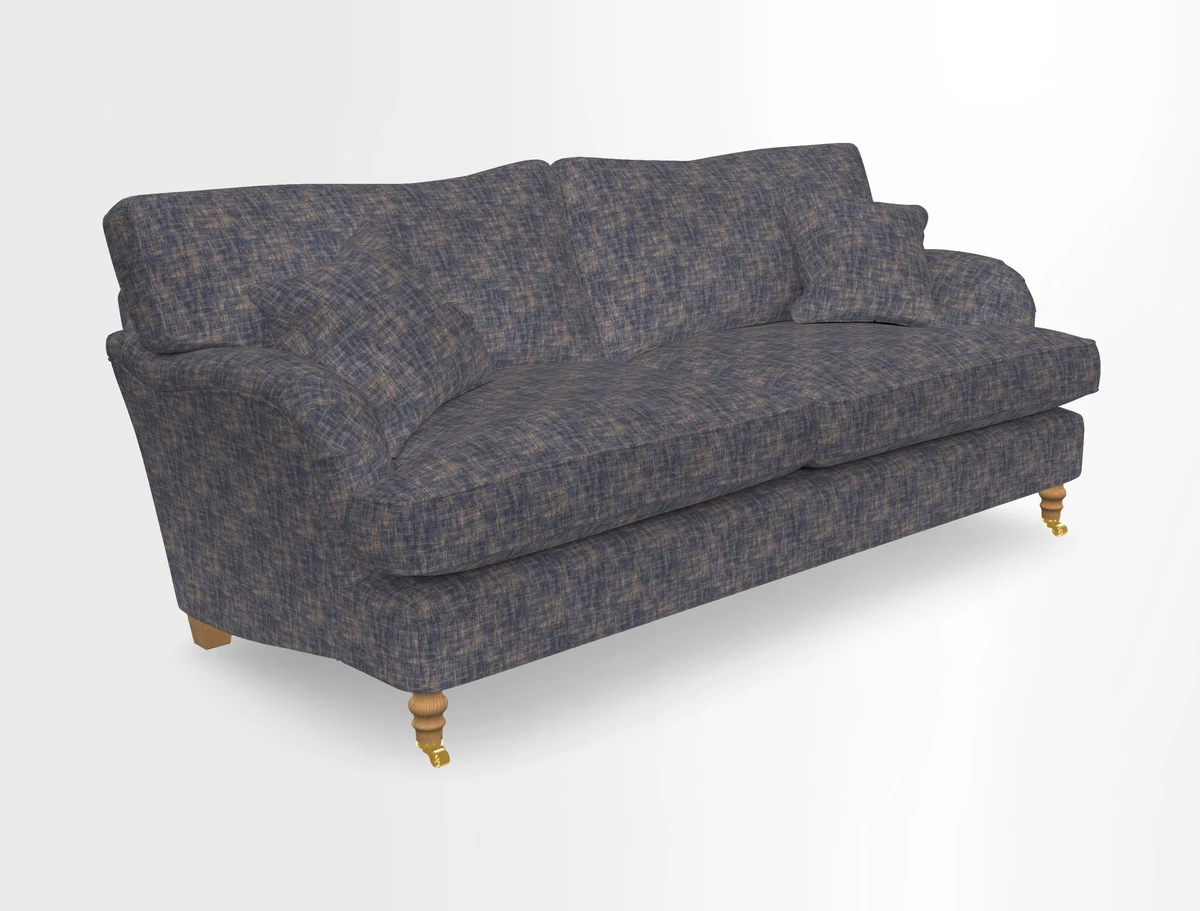 Alwinton 3 seater sofa in Ettas Stripe Moss with bolster cushion in Almost Plain Velvet Harvest