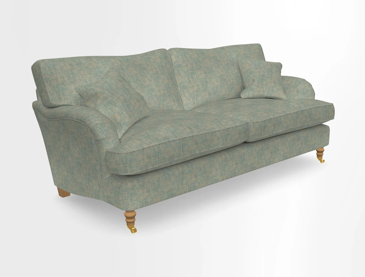 Alwinton 3 seater sofa in Ettas Stripe Moss with bolster cushion in Almost Plain Velvet Harvest