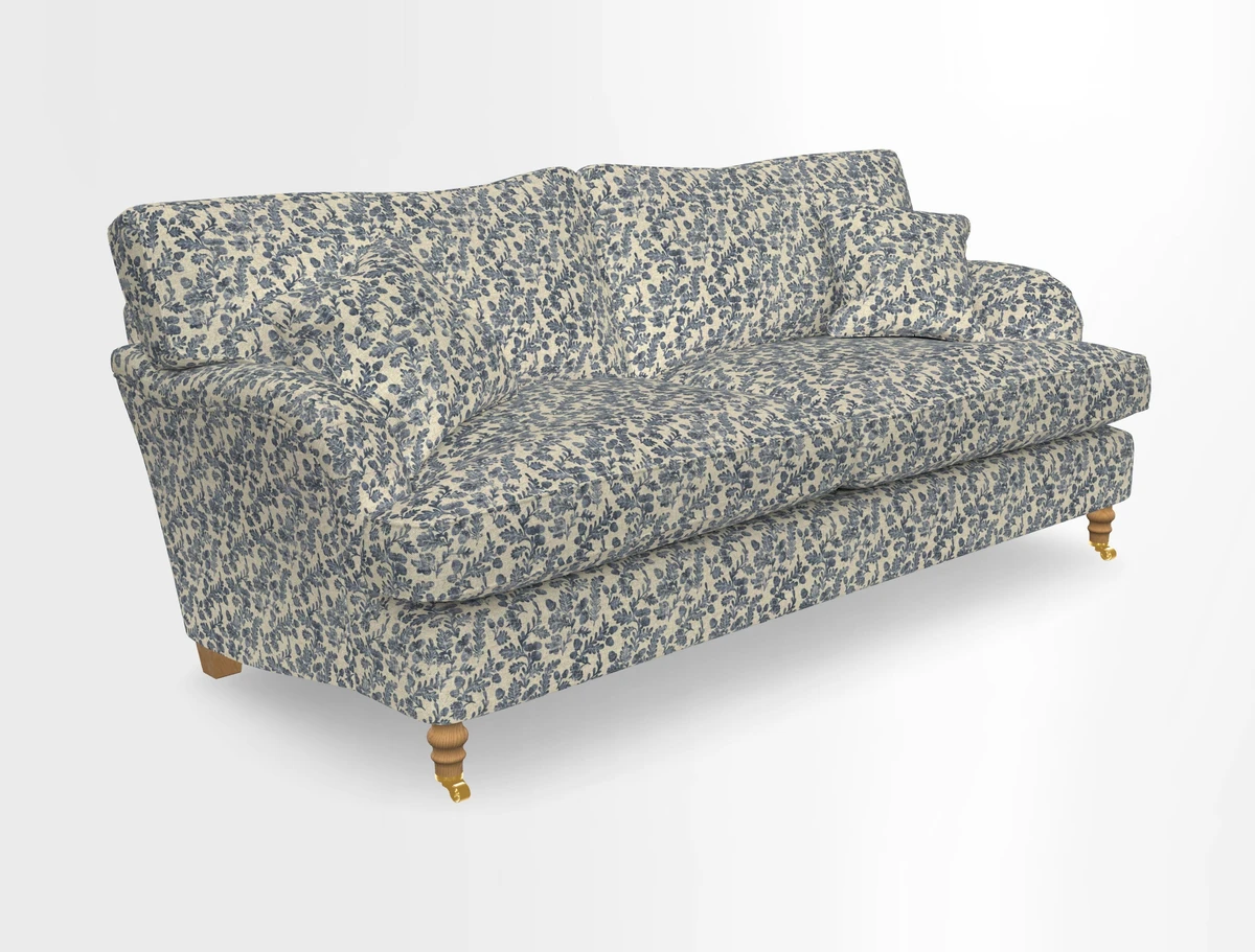 Alwinton 3 seater sofa in Ettas Stripe Moss with bolster cushion in Almost Plain Velvet Harvest