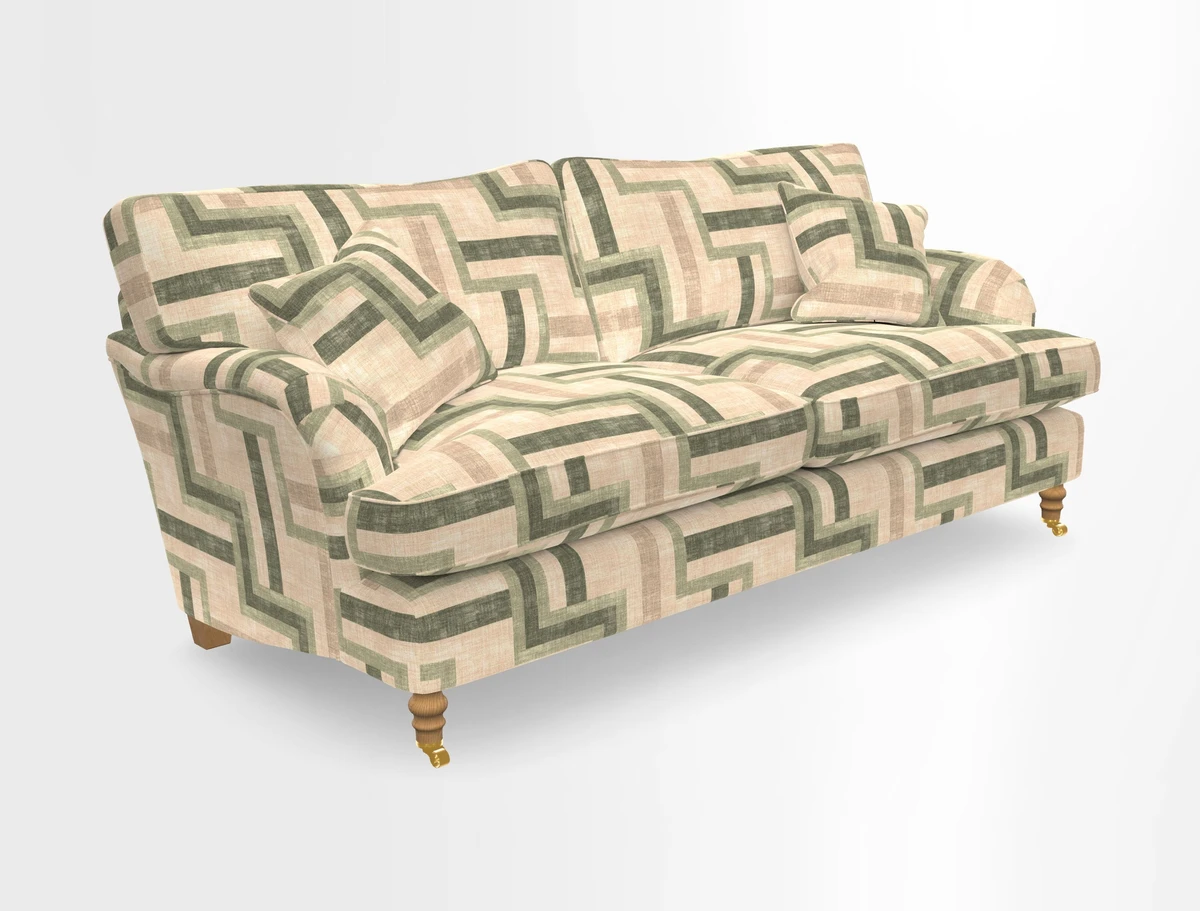 Alwinton 3 seater sofa in Ettas Stripe Moss with bolster cushion in Almost Plain Velvet Harvest
