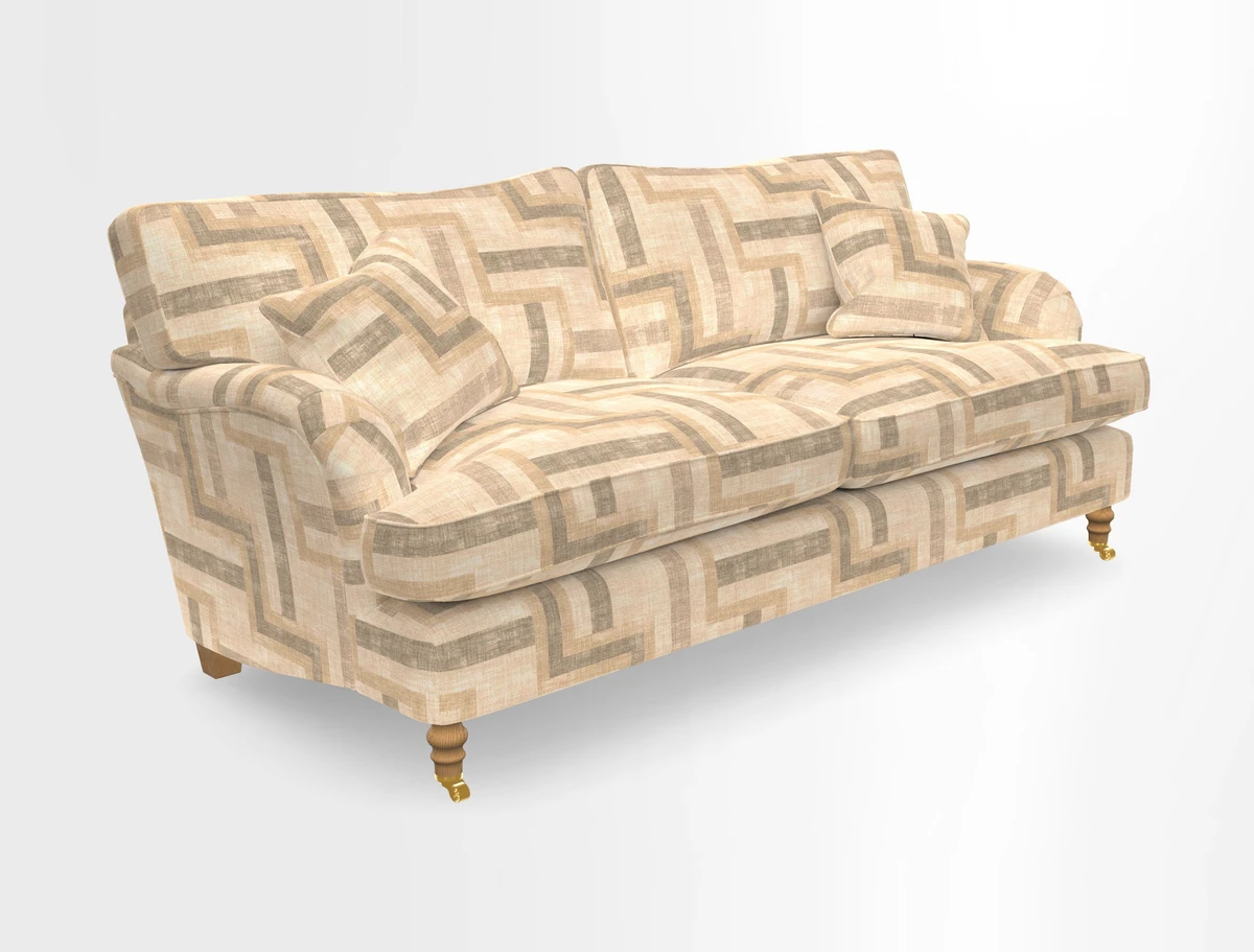 Alwinton 3 seater sofa in Ettas Stripe Moss with bolster cushion in Almost Plain Velvet Harvest