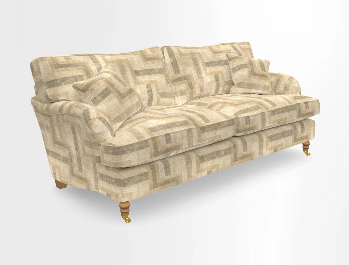 Alwinton 3 seater sofa in Ettas Stripe Moss with bolster cushion in Almost Plain Velvet Harvest