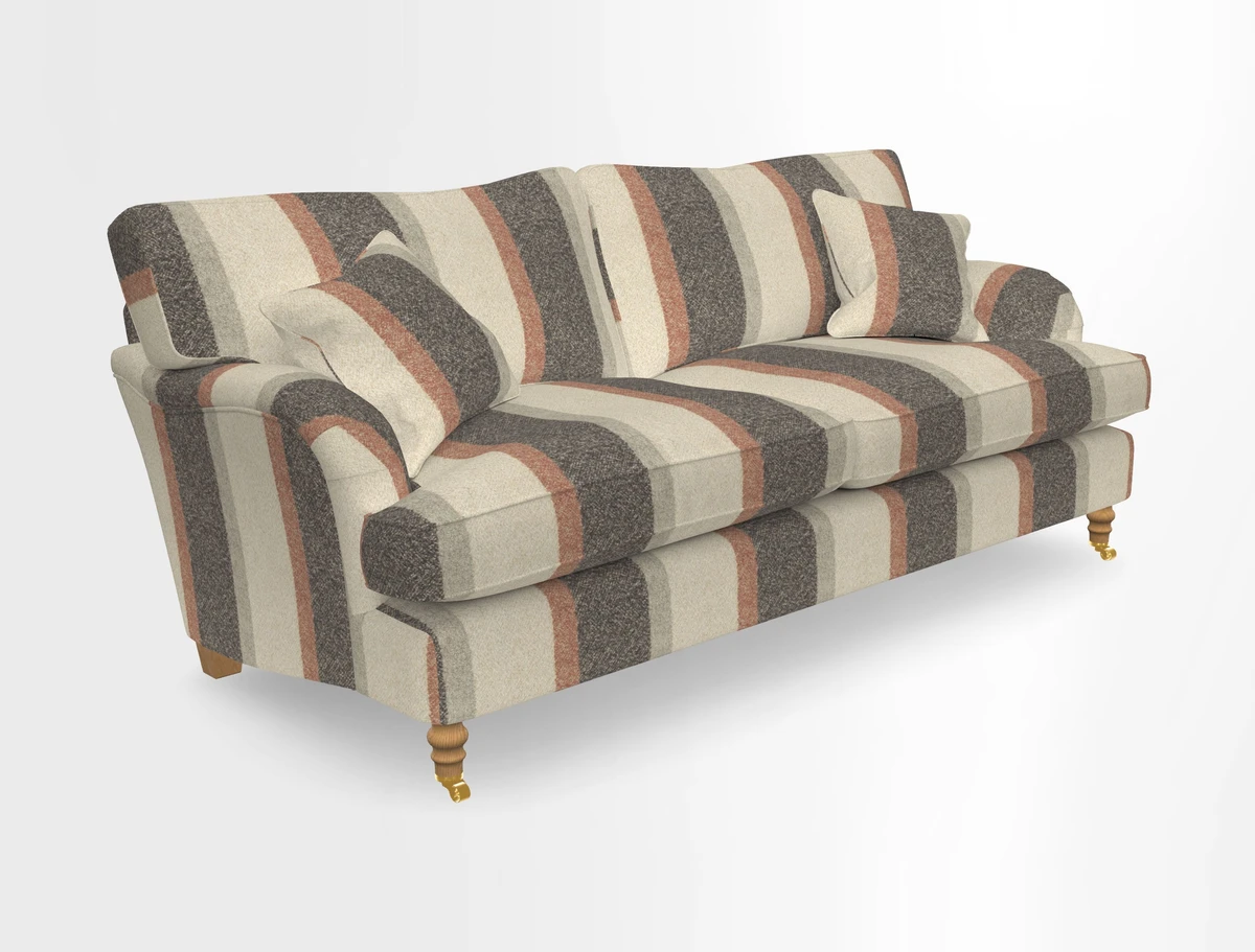 Alwinton 3 seater sofa in Ettas Stripe Moss with bolster cushion in Almost Plain Velvet Harvest