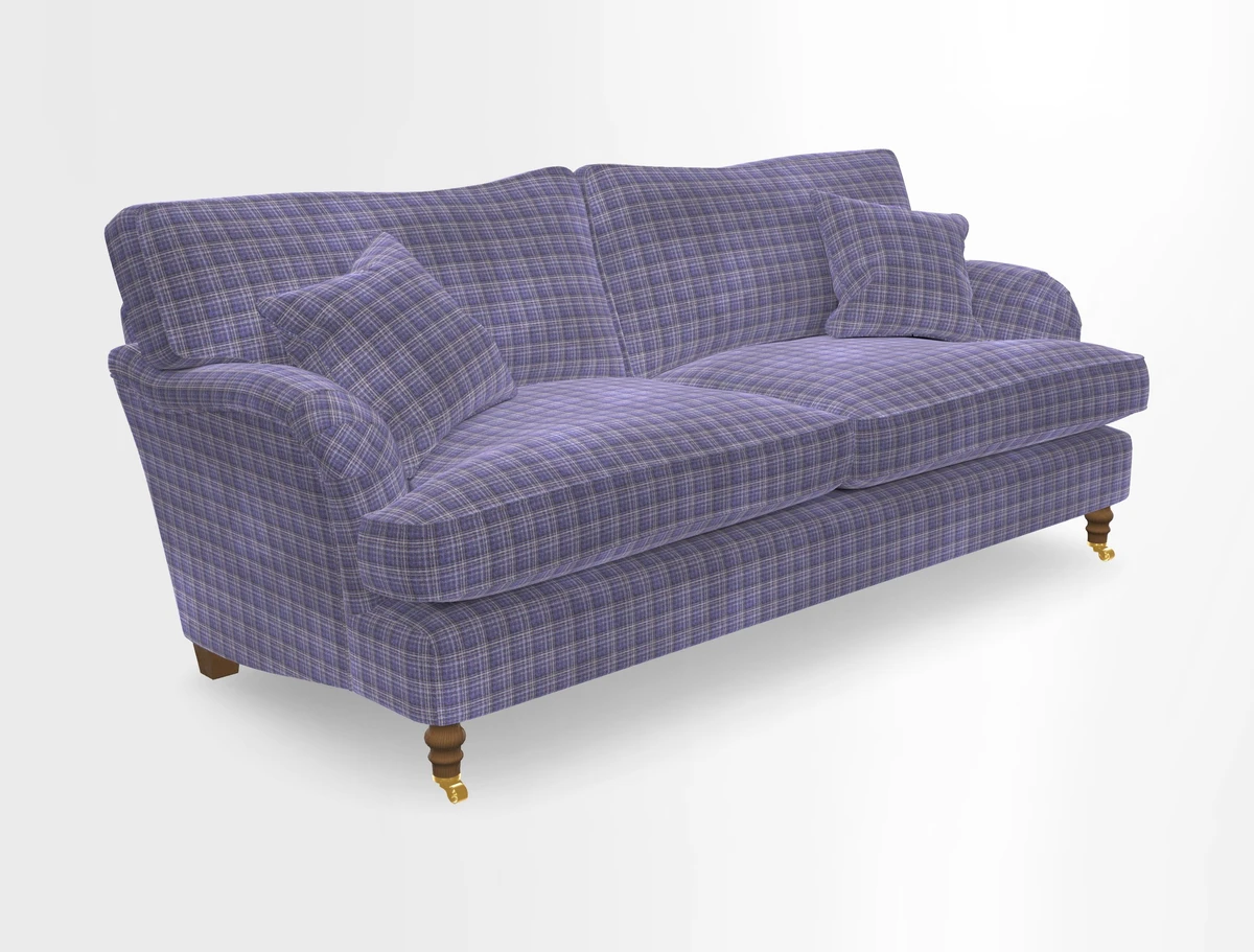 Alwinton 3 seater sofa in Ettas Stripe Moss with bolster cushion in Almost Plain Velvet Harvest
