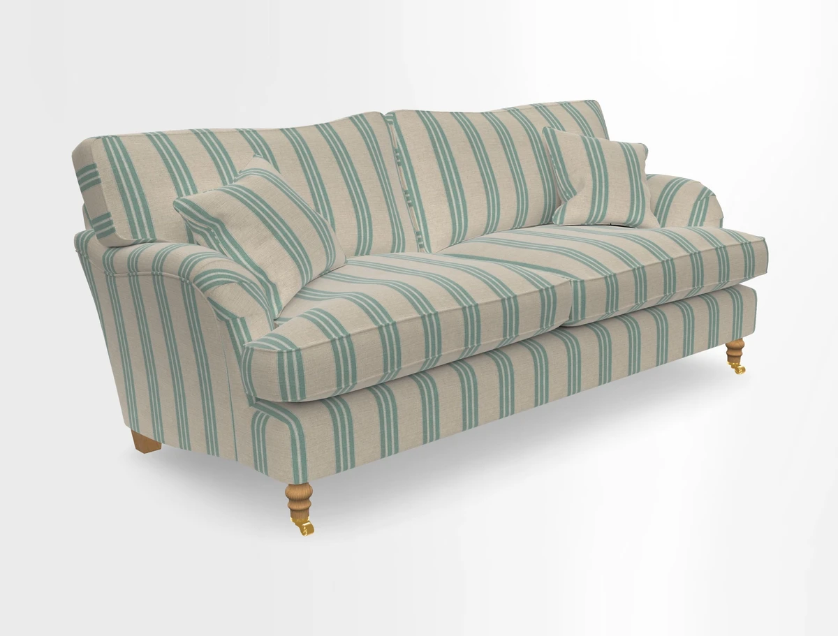 Alwinton 3 seater sofa in Ettas Stripe Moss with bolster cushion in Almost Plain Velvet Harvest
