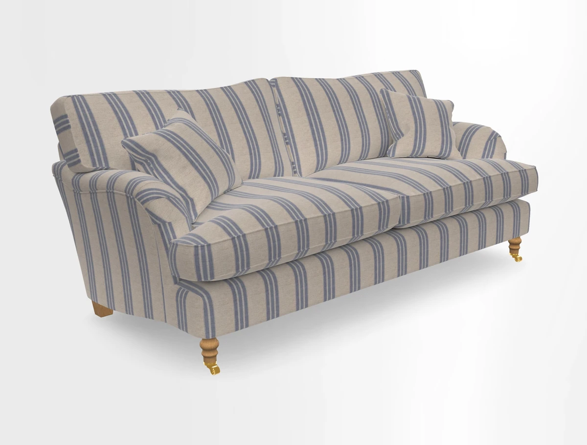 Alwinton 3 seater sofa in Ettas Stripe Moss with bolster cushion in Almost Plain Velvet Harvest