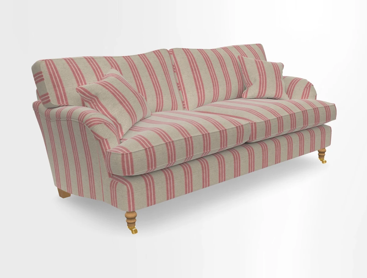 Alwinton 3 seater sofa in Ettas Stripe Moss with bolster cushion in Almost Plain Velvet Harvest