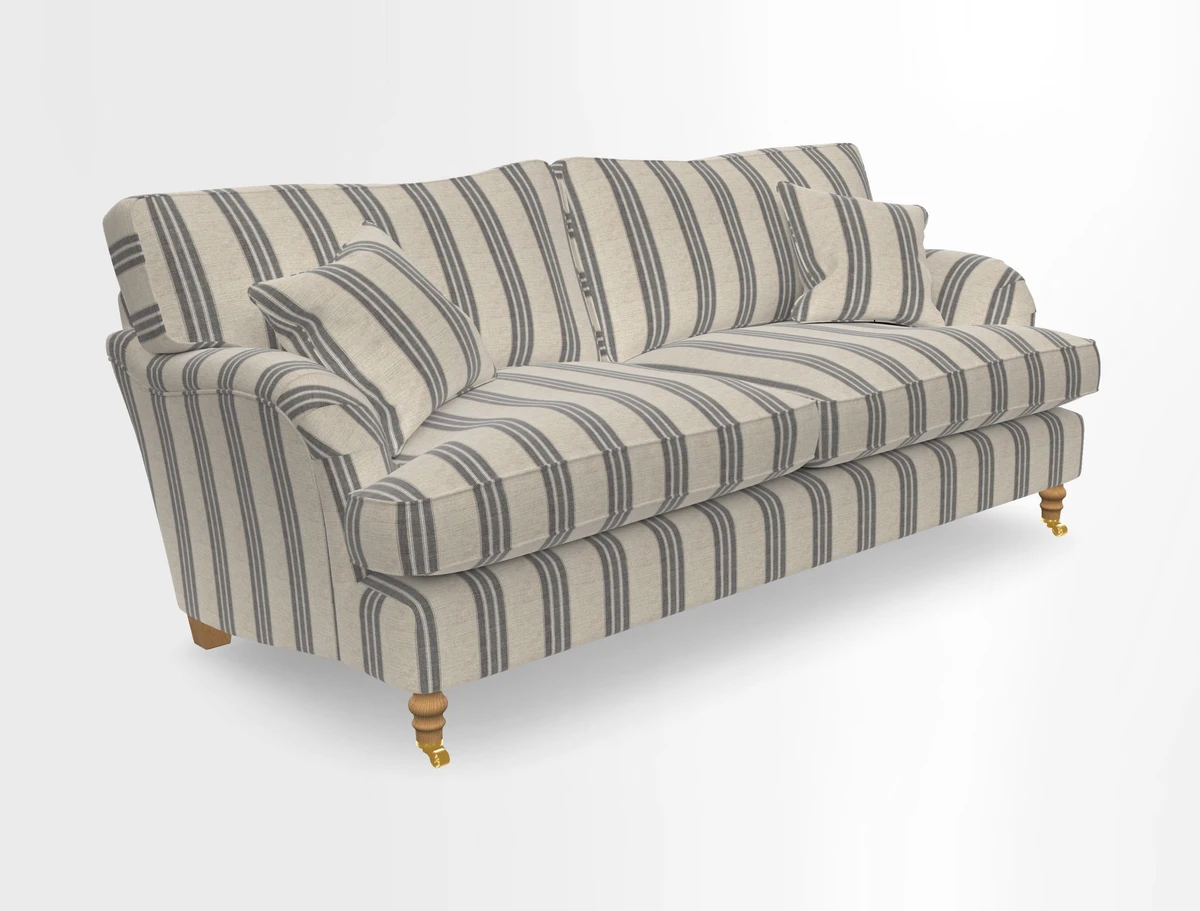 Alwinton 3 seater sofa in Ettas Stripe Moss with bolster cushion in Almost Plain Velvet Harvest