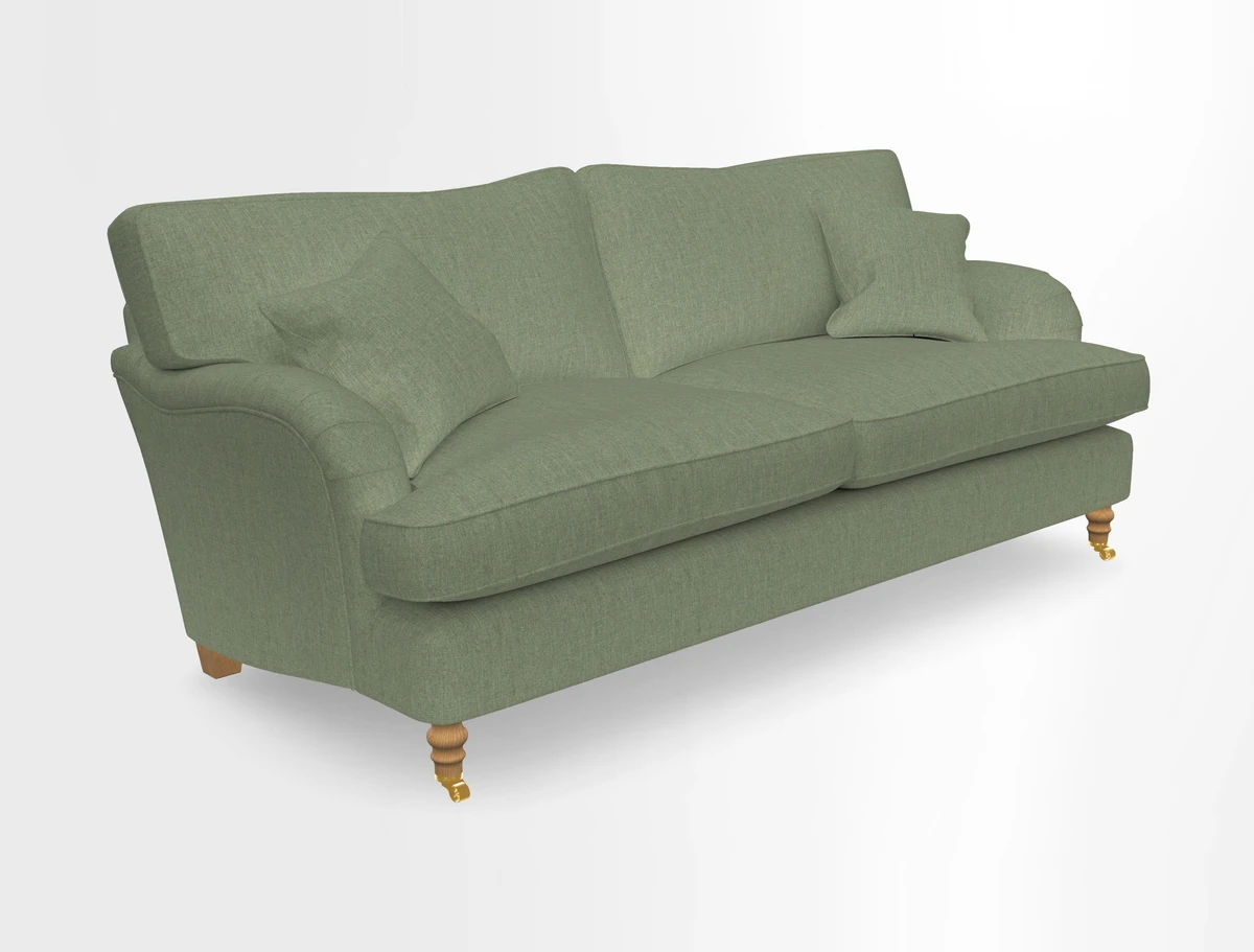 Alwinton 3 seater sofa in Ettas Stripe Moss with bolster cushion in Almost Plain Velvet Harvest