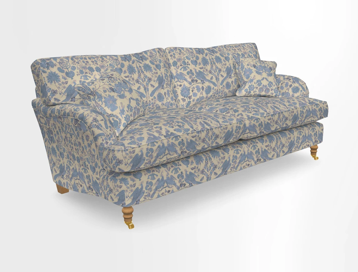 Alwinton 3 seater sofa in Ettas Stripe Moss with bolster cushion in Almost Plain Velvet Harvest