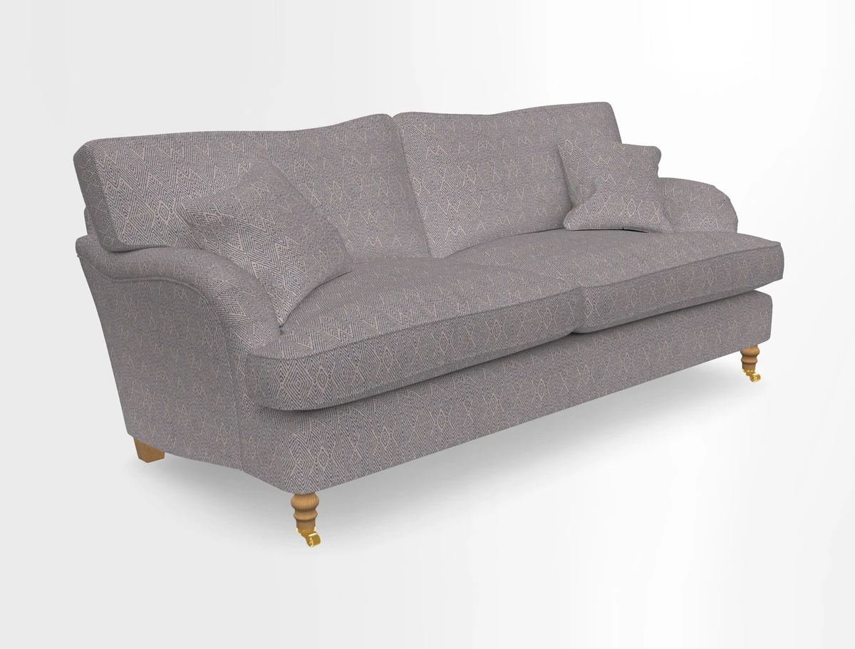 Alwinton 3 seater sofa in Ettas Stripe Moss with bolster cushion in Almost Plain Velvet Harvest