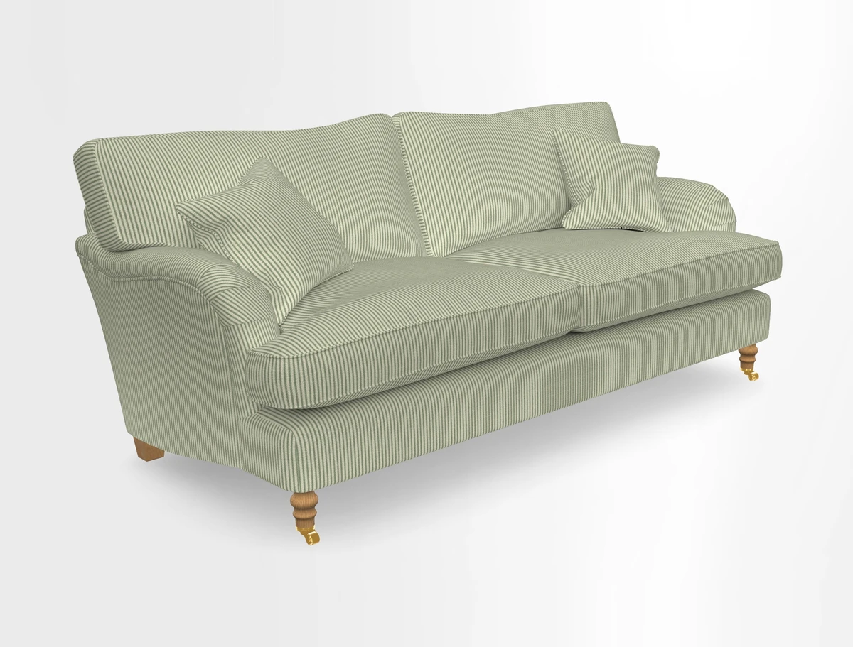 Alwinton 3 seater sofa in Ettas Stripe Moss with bolster cushion in Almost Plain Velvet Harvest