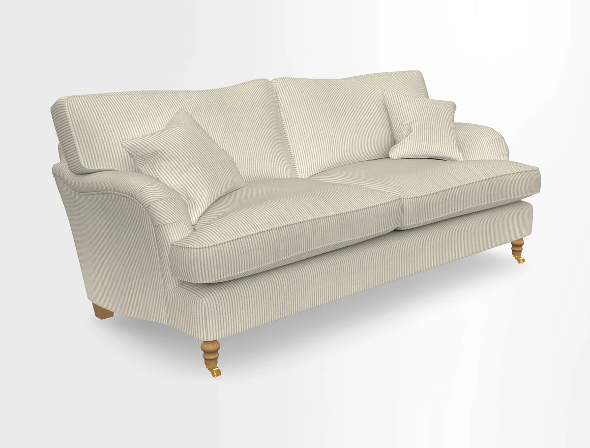 Alwinton 3 seater sofa in Ettas Stripe Moss with bolster cushion in Almost Plain Velvet Harvest