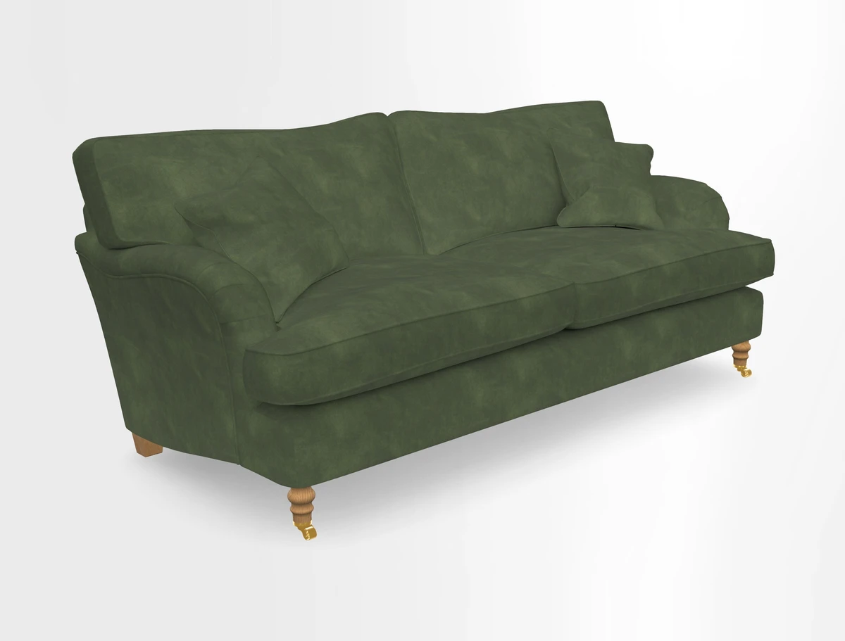 Alwinton 3 seater sofa in Ettas Stripe Moss with bolster cushion in Almost Plain Velvet Harvest