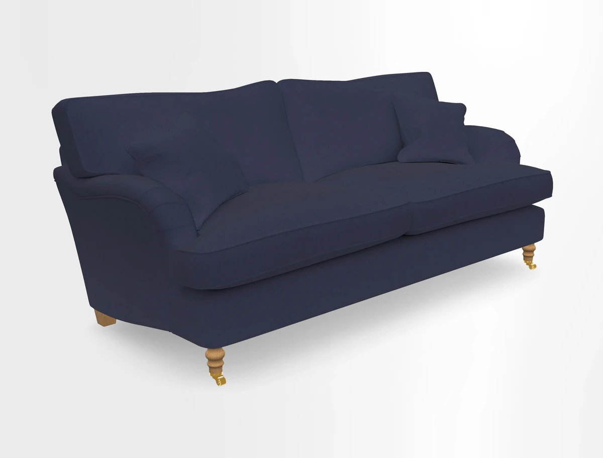 Alwinton 3 seater sofa in Ettas Stripe Moss with bolster cushion in Almost Plain Velvet Harvest