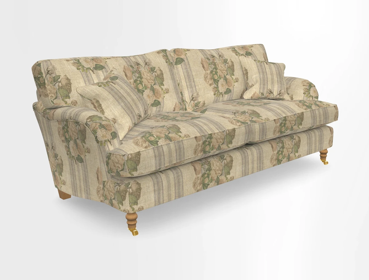 Alwinton 3 seater sofa in Ettas Stripe Moss with bolster cushion in Almost Plain Velvet Harvest