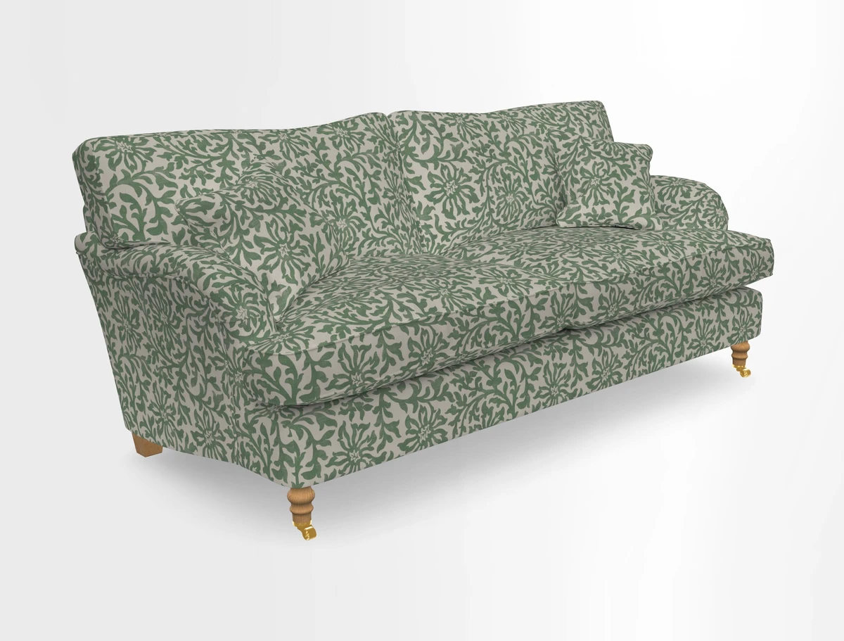 Alwinton 3 seater sofa in Ettas Stripe Moss with bolster cushion in Almost Plain Velvet Harvest