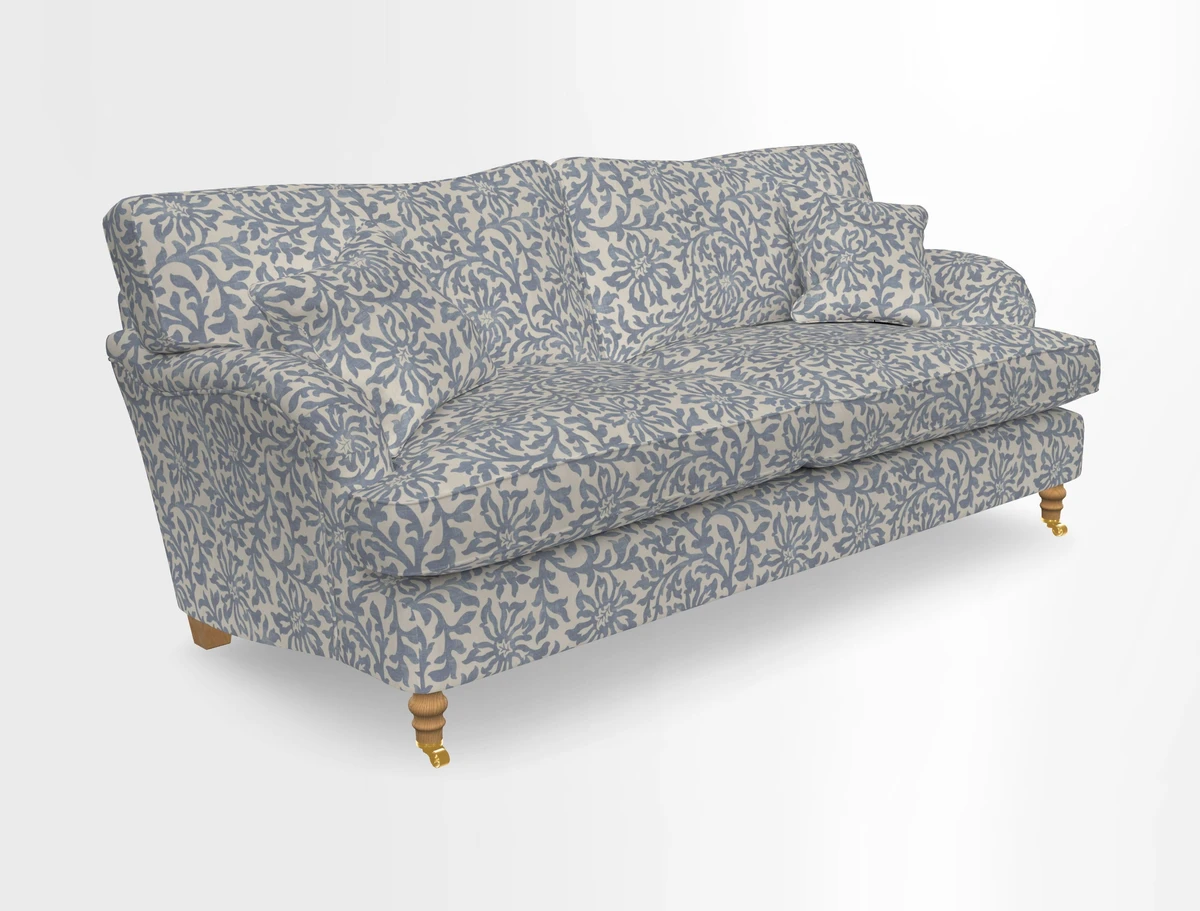 Alwinton 3 seater sofa in Ettas Stripe Moss with bolster cushion in Almost Plain Velvet Harvest