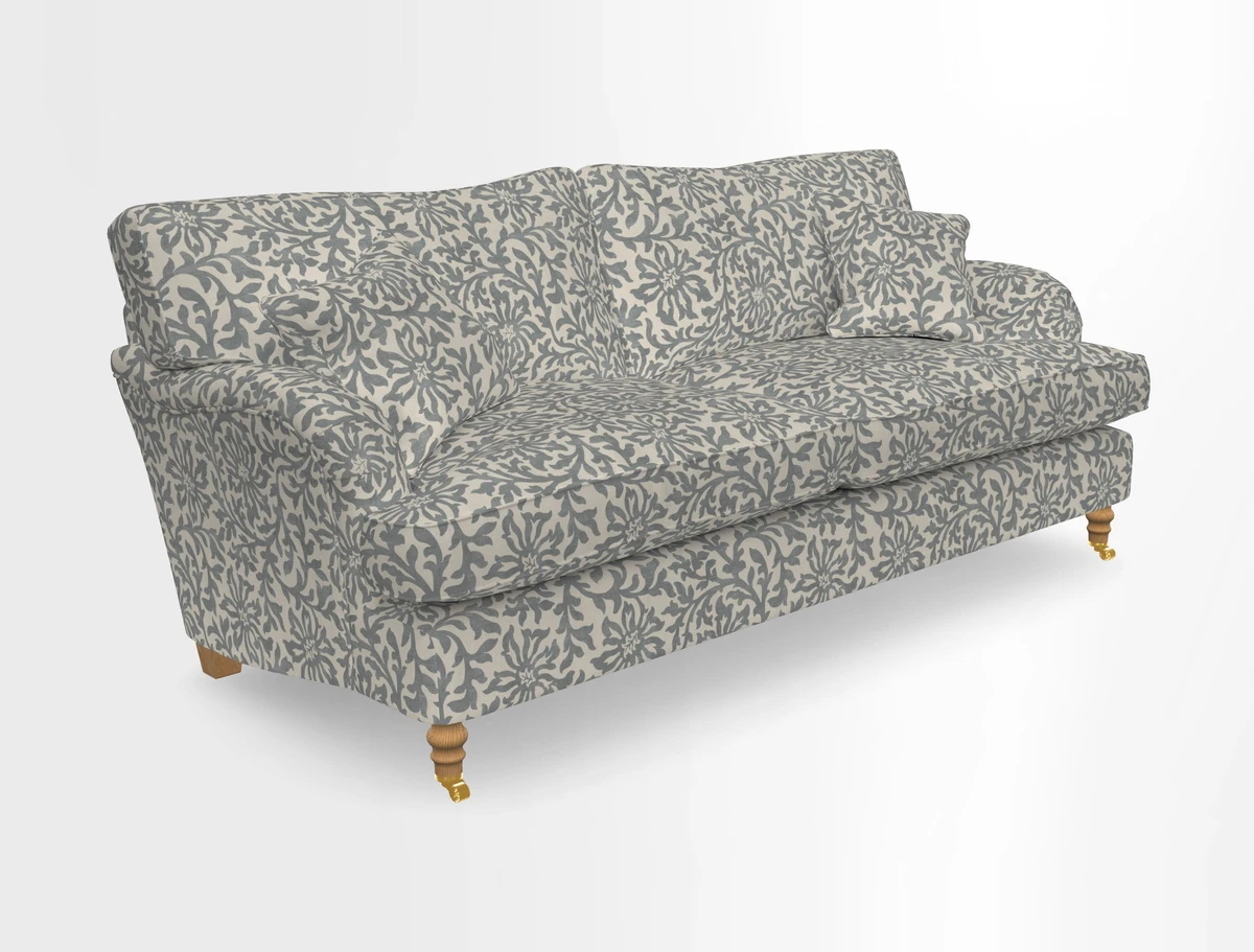Alwinton 3 seater sofa in Ettas Stripe Moss with bolster cushion in Almost Plain Velvet Harvest
