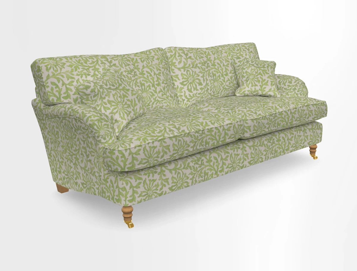 Alwinton 3 seater sofa in Ettas Stripe Moss with bolster cushion in Almost Plain Velvet Harvest