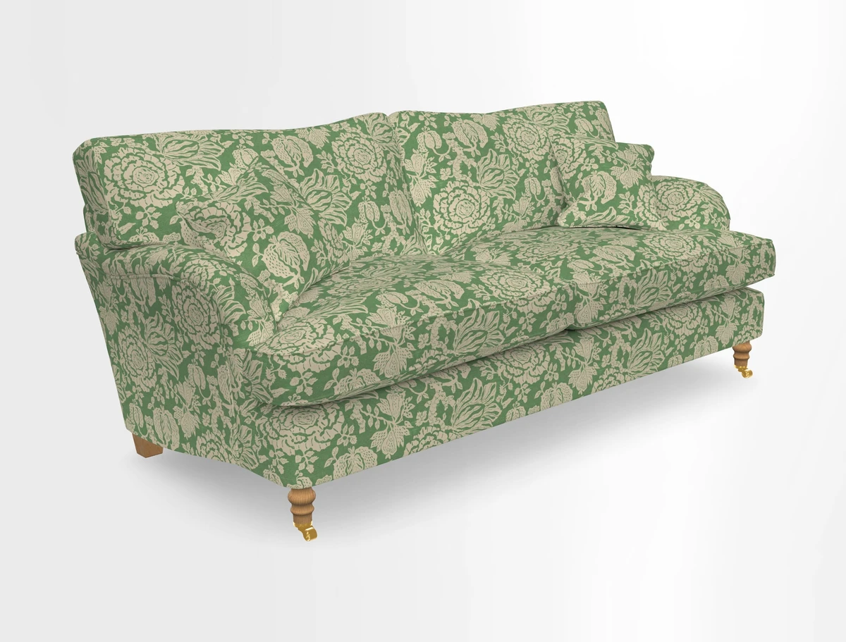 Alwinton 3 seater sofa in Ettas Stripe Moss with bolster cushion in Almost Plain Velvet Harvest