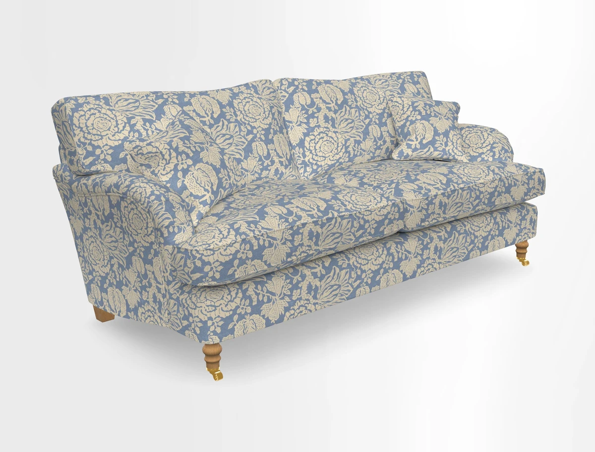 Alwinton 3 seater sofa in Ettas Stripe Moss with bolster cushion in Almost Plain Velvet Harvest
