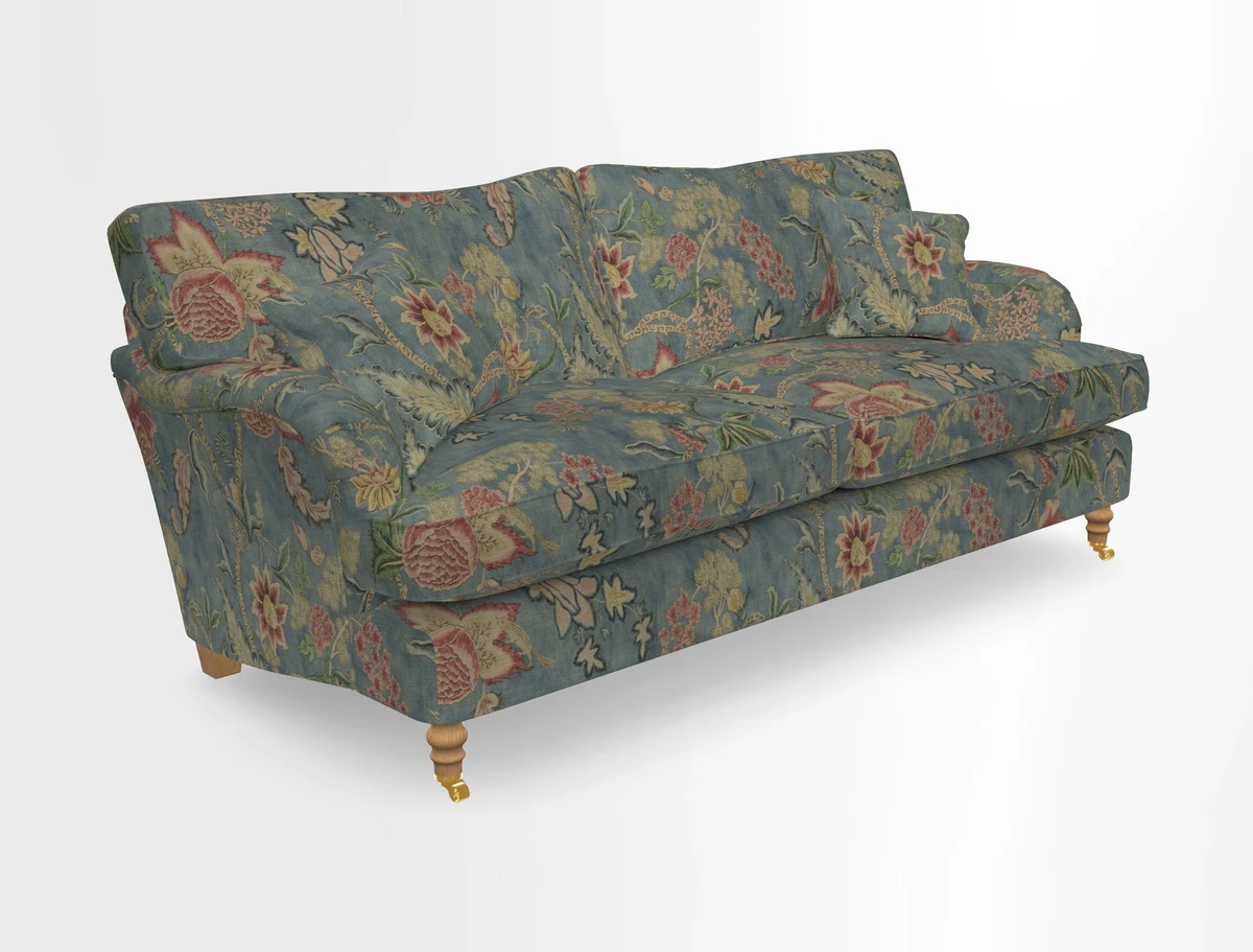Alwinton 3 seater sofa in Ettas Stripe Moss with bolster cushion in Almost Plain Velvet Harvest