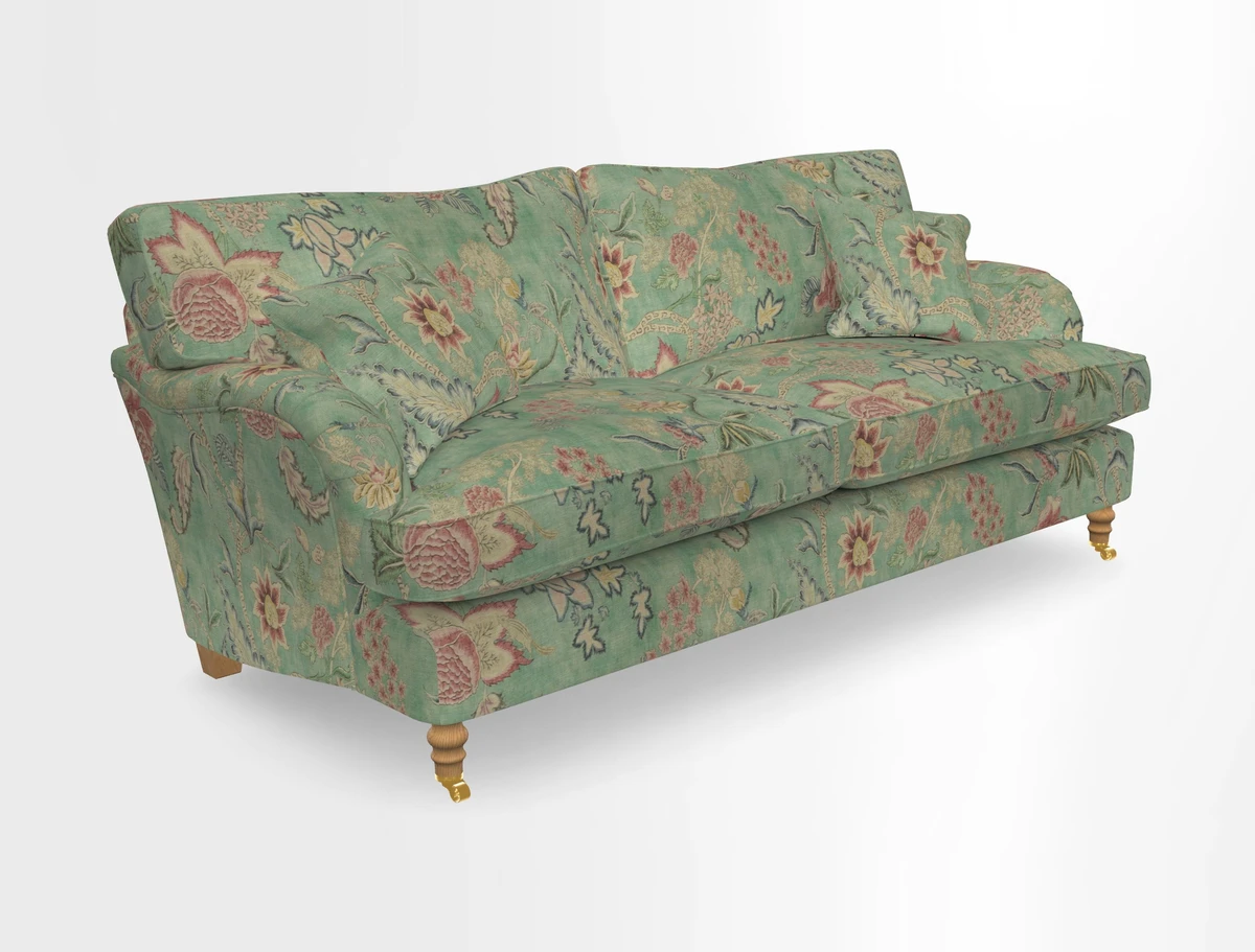 Alwinton 3 seater sofa in Ettas Stripe Moss with bolster cushion in Almost Plain Velvet Harvest