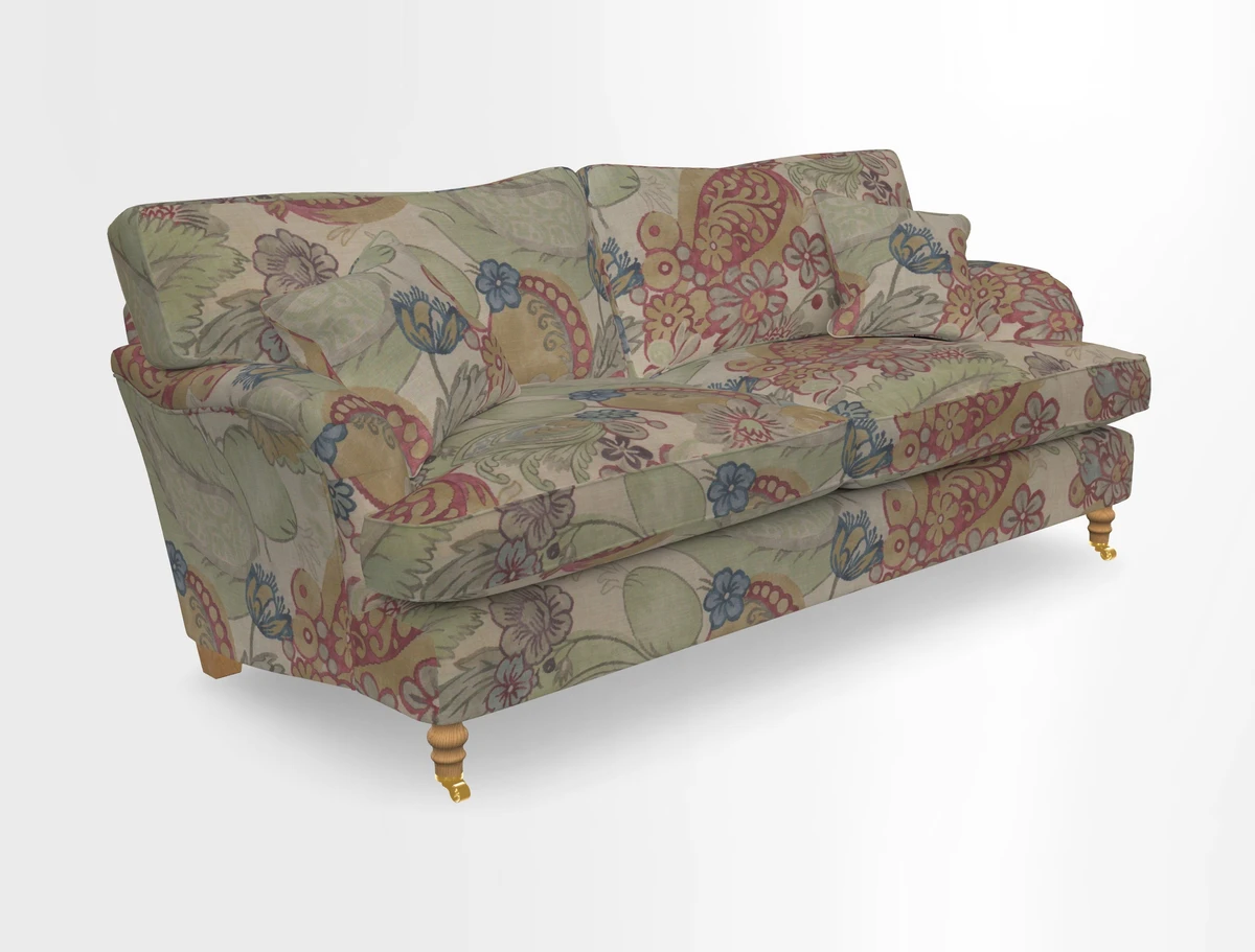 Alwinton 3 seater sofa in Ettas Stripe Moss with bolster cushion in Almost Plain Velvet Harvest