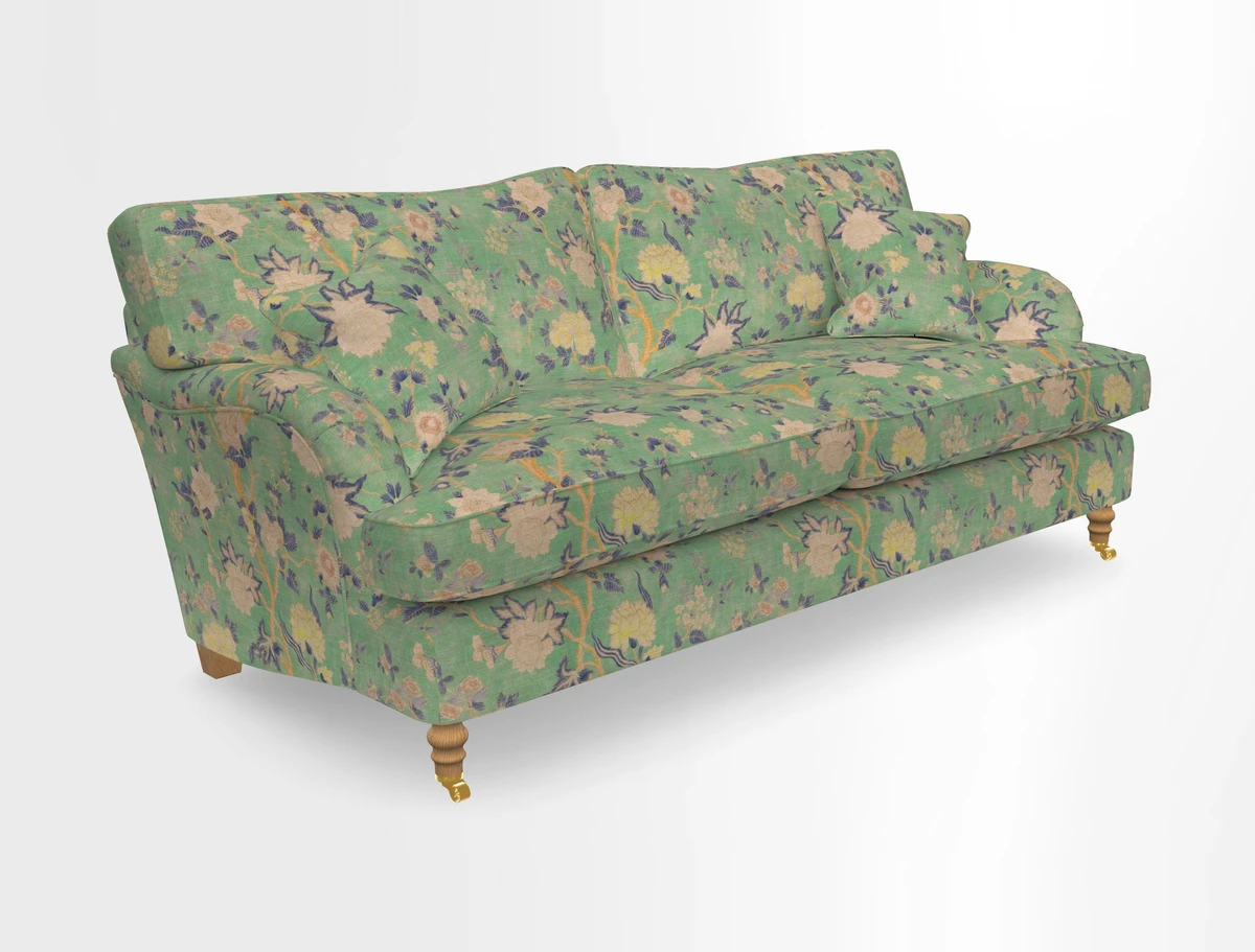 Alwinton 3 seater sofa in Ettas Stripe Moss with bolster cushion in Almost Plain Velvet Harvest