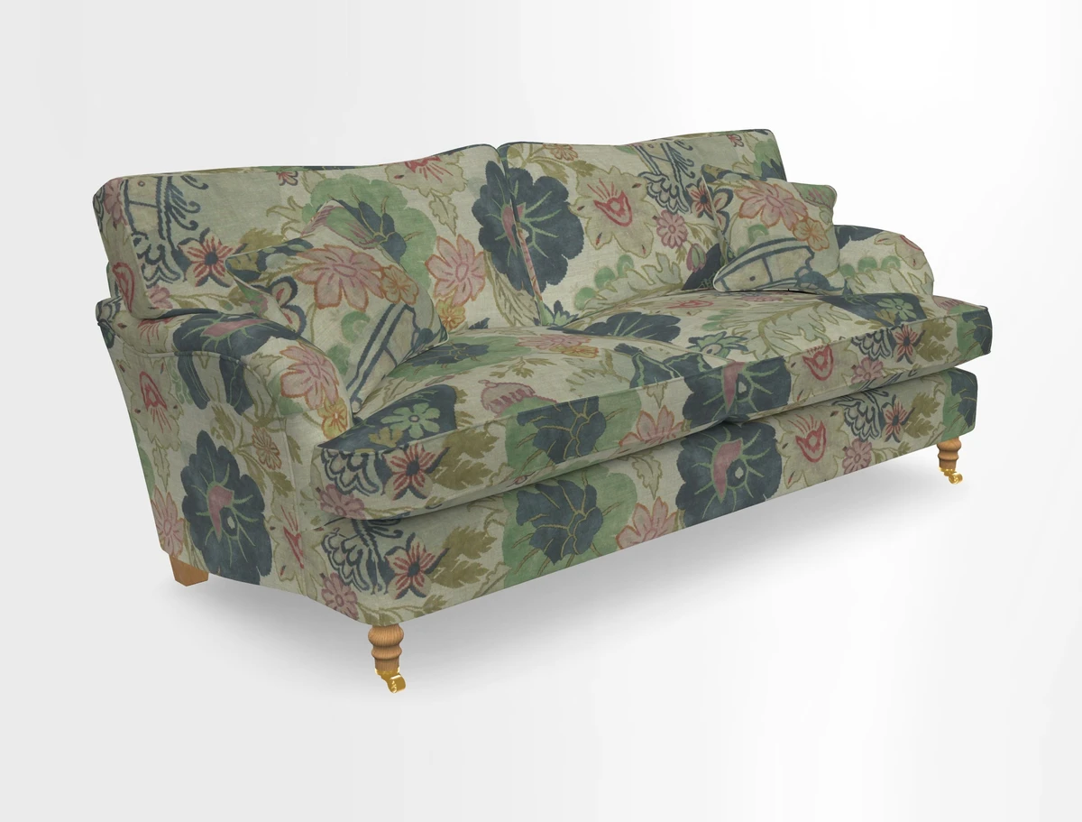 Alwinton 3 seater sofa in Ettas Stripe Moss with bolster cushion in Almost Plain Velvet Harvest