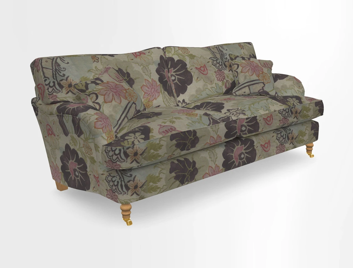 Alwinton 3 seater sofa in Ettas Stripe Moss with bolster cushion in Almost Plain Velvet Harvest