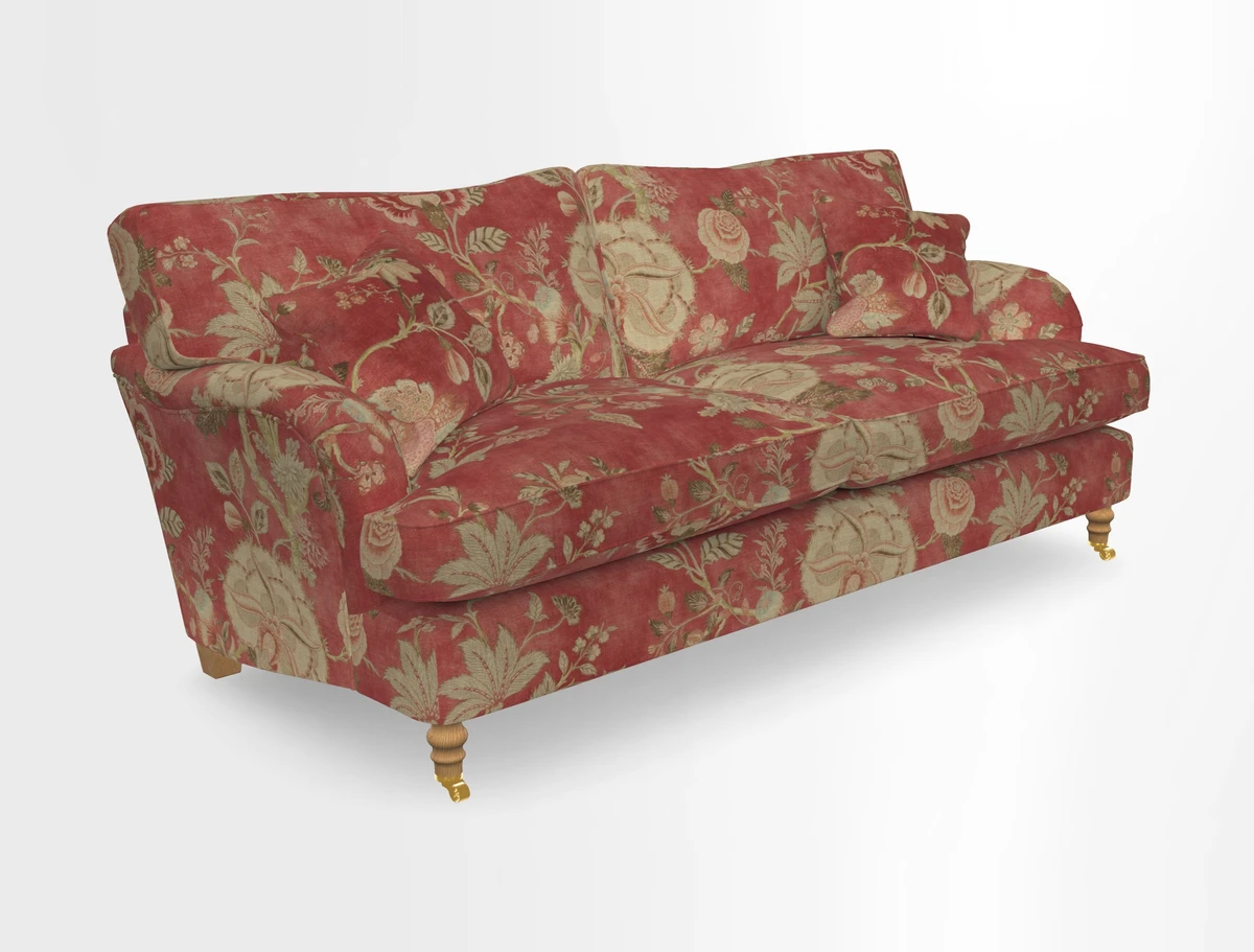 Alwinton 3 seater sofa in Ettas Stripe Moss with bolster cushion in Almost Plain Velvet Harvest