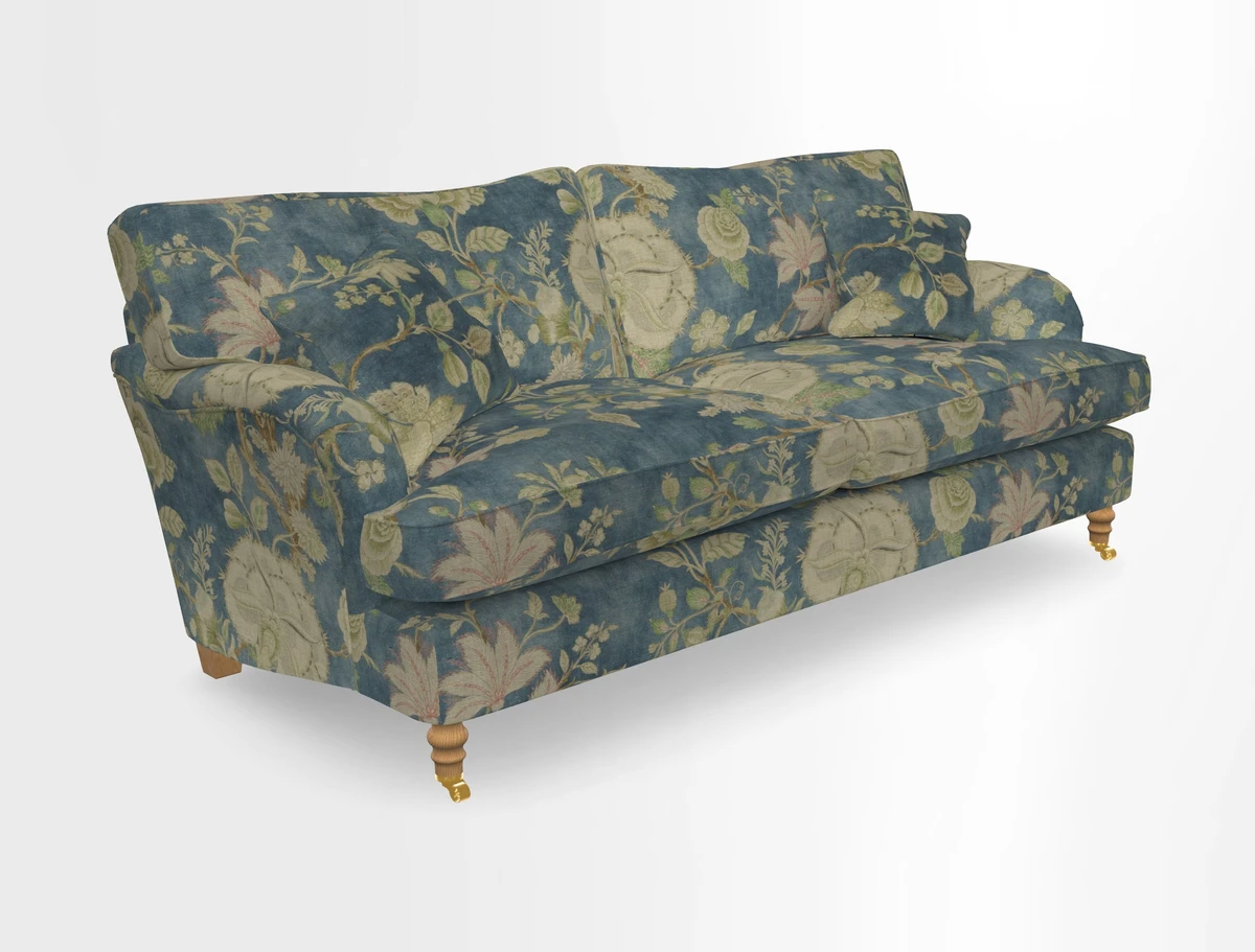 Alwinton 3 seater sofa in Ettas Stripe Moss with bolster cushion in Almost Plain Velvet Harvest