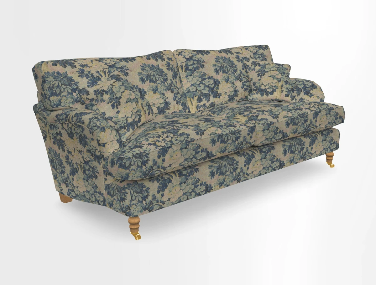 Alwinton 3 seater sofa in Ettas Stripe Moss with bolster cushion in Almost Plain Velvet Harvest