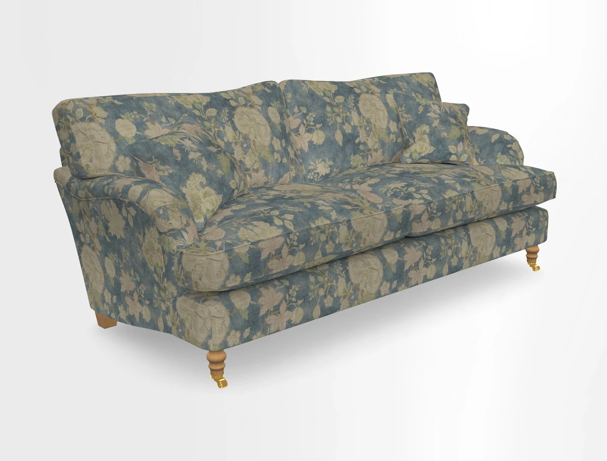 Alwinton 3 seater sofa in Ettas Stripe Moss with bolster cushion in Almost Plain Velvet Harvest