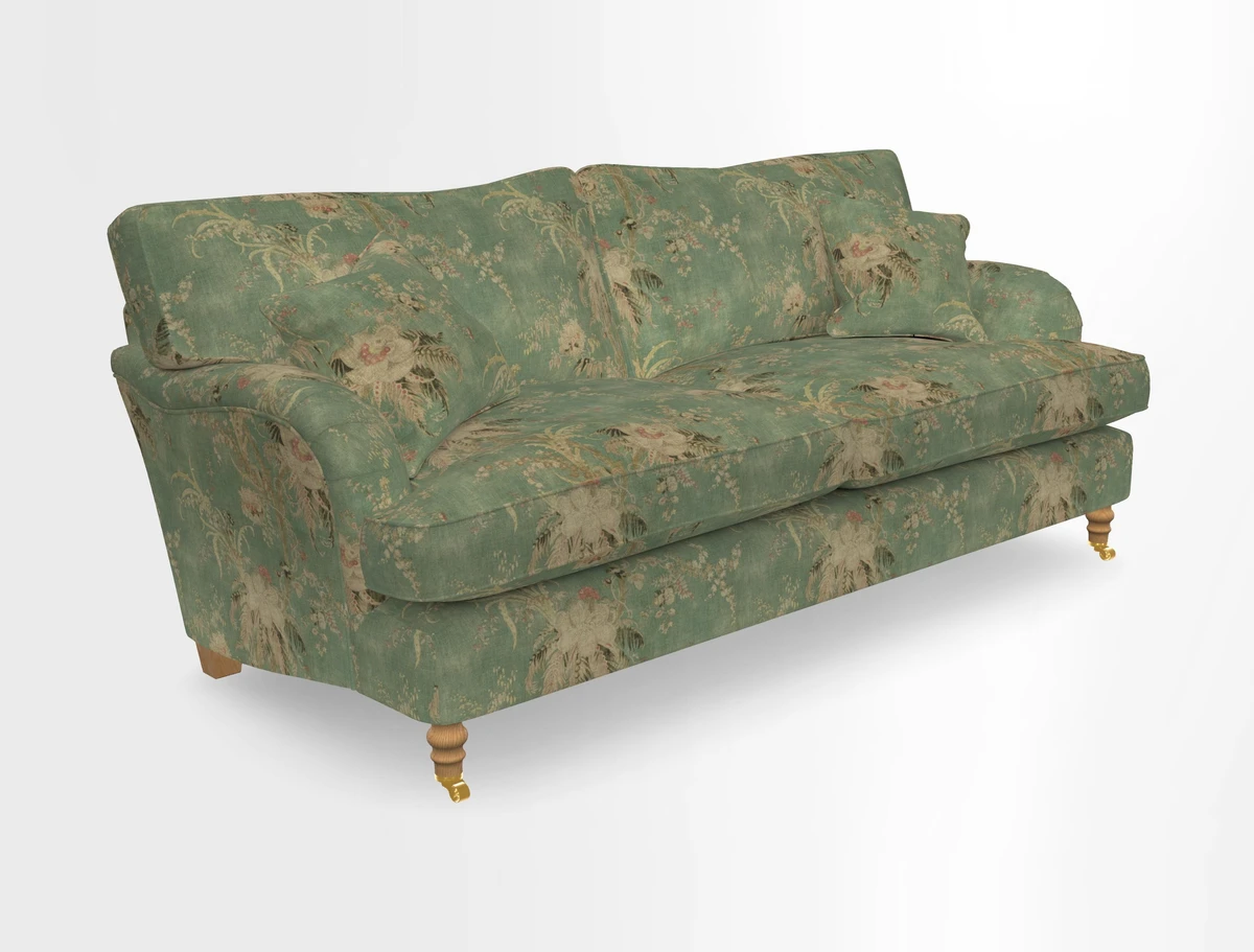 Alwinton 3 seater sofa in Ettas Stripe Moss with bolster cushion in Almost Plain Velvet Harvest