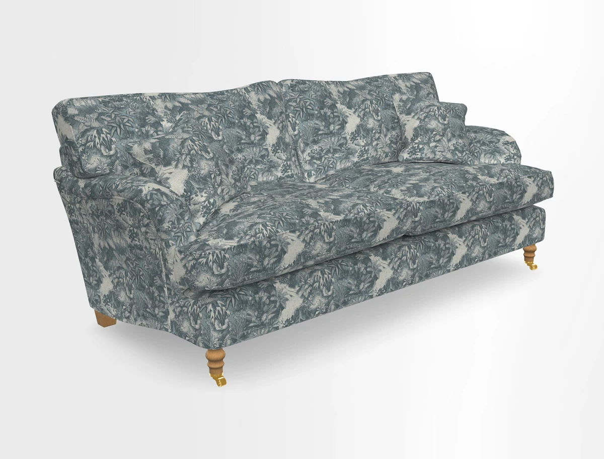 Alwinton 3 seater sofa in Ettas Stripe Moss with bolster cushion in Almost Plain Velvet Harvest