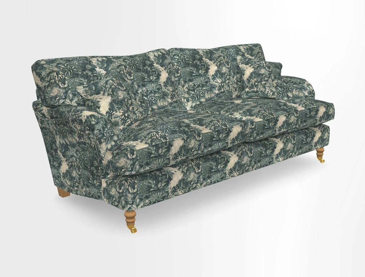 Alwinton 3 seater sofa in Ettas Stripe Moss with bolster cushion in Almost Plain Velvet Harvest