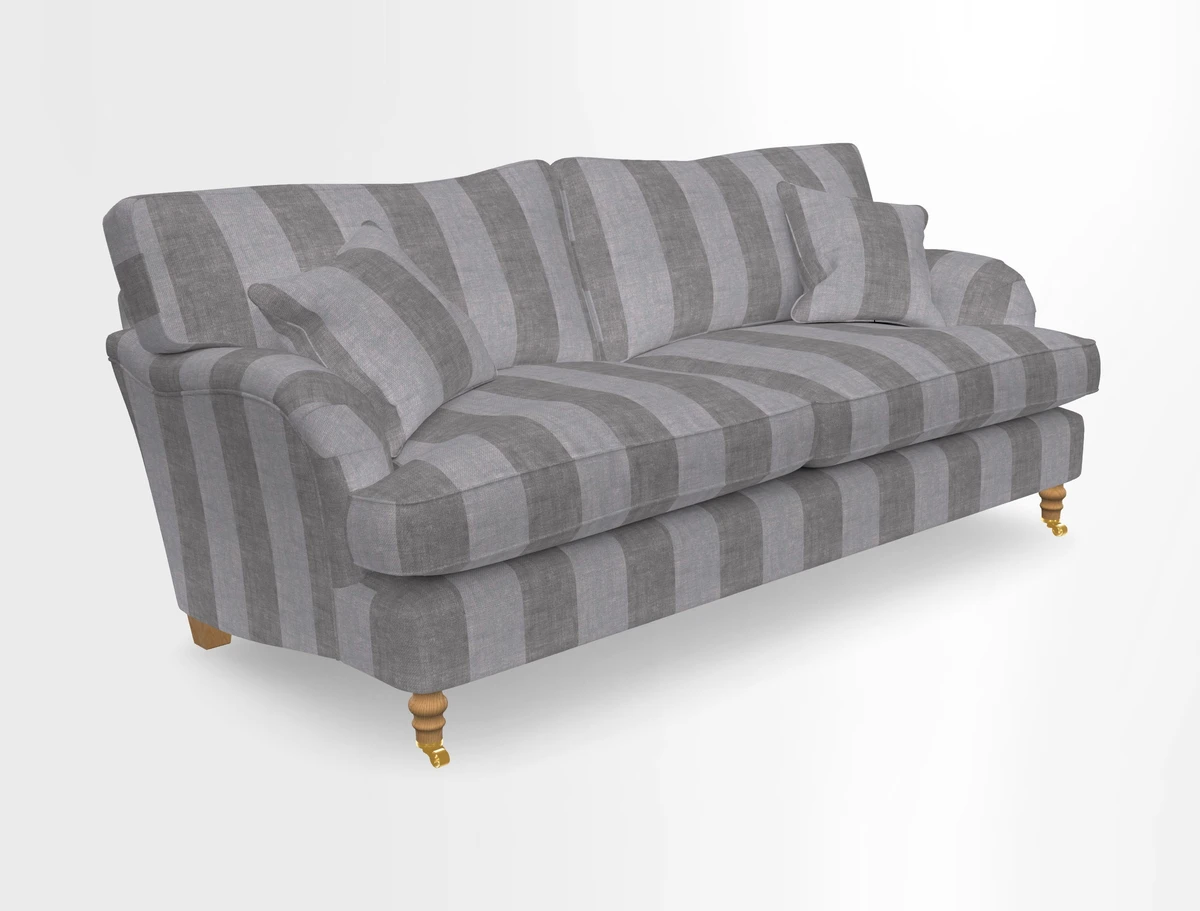 Alwinton 3 seater sofa in Ettas Stripe Moss with bolster cushion in Almost Plain Velvet Harvest
